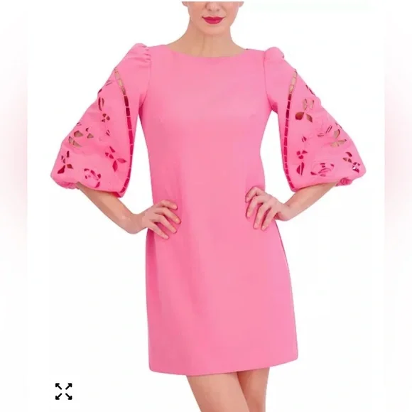 NWT Vince Camuto Pink Eyelet Sleeve Shift Dress Puff Sleeve Mini ~ Size 12 🌺 - Picture 2 of 12